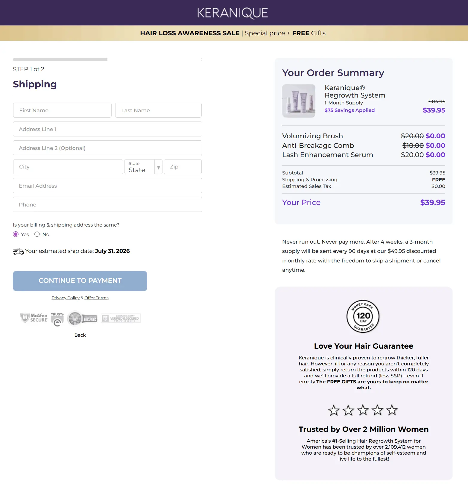 Keranique checkout page